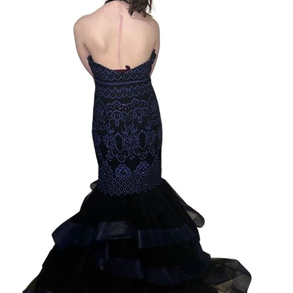 Madison James Black Navy Lace Mermaid Prom Dress Halter neck Tulle Skirt sz 8 - Picture 3 of 12